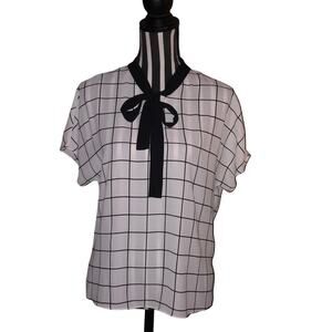 Vince Camuto Preppy Academia Girly Windowpane Neck Bow Blouse Top